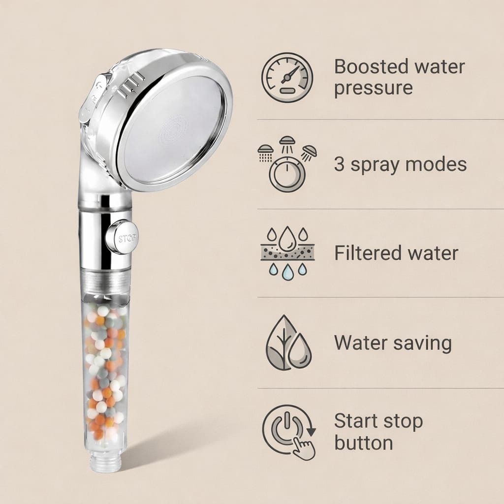 MopEZy® EcoFlow: High Pressure Shower Head with Mineral Water Softening Filter